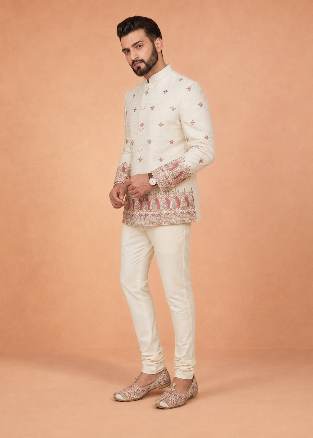 Men White Embroidered Indo-Western Pant Set