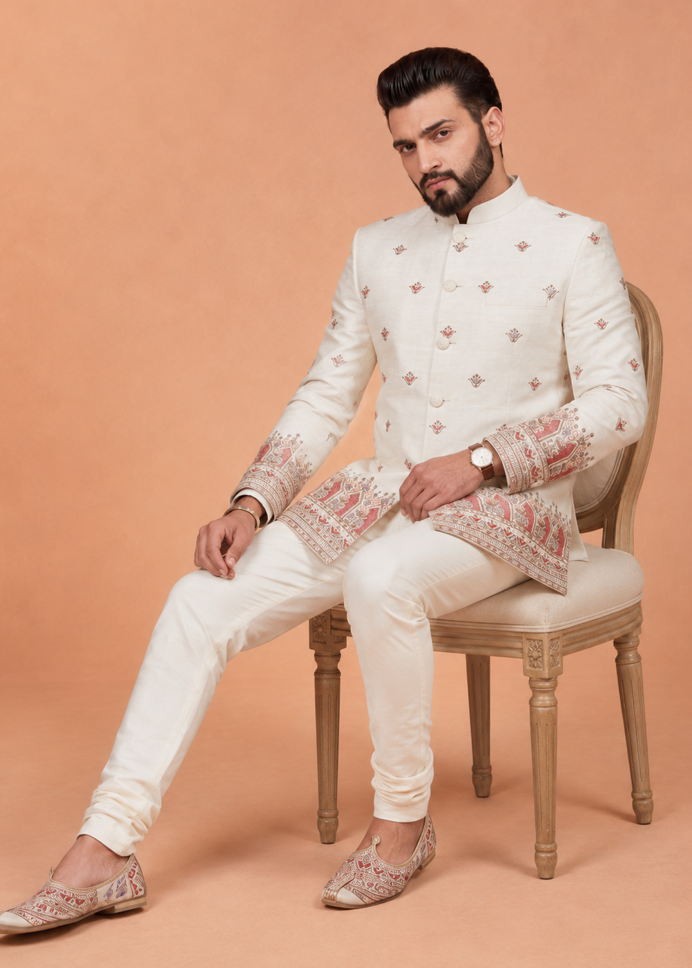 Men White Embroidered Indo-Western Pant Set