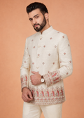 Men White Embroidered Indo-Western Pant Set