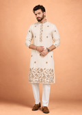 Men Cream Floral Embroidered Kurta Trouser Set