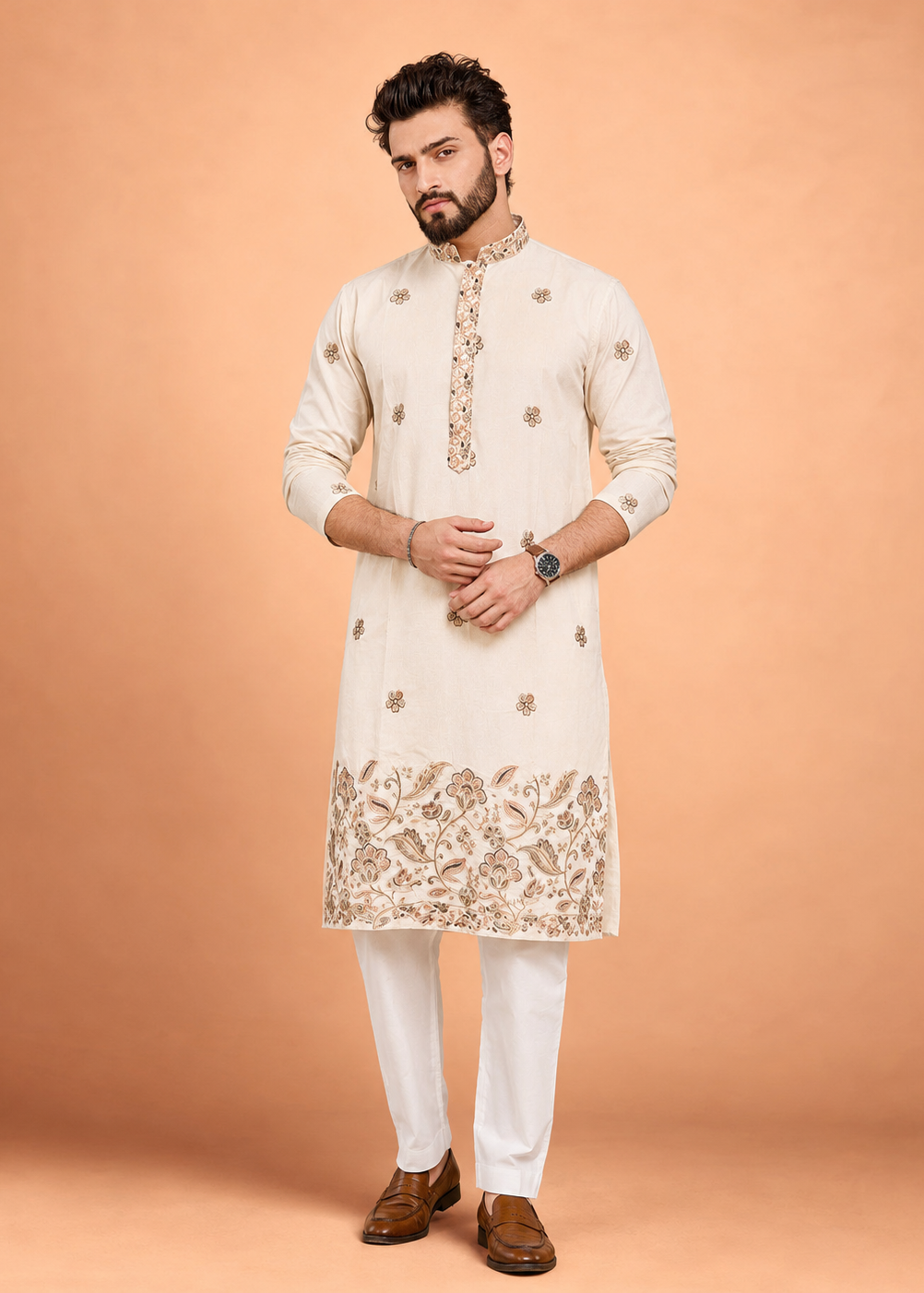 Men Cream Floral Embroidered Kurta Trouser Set