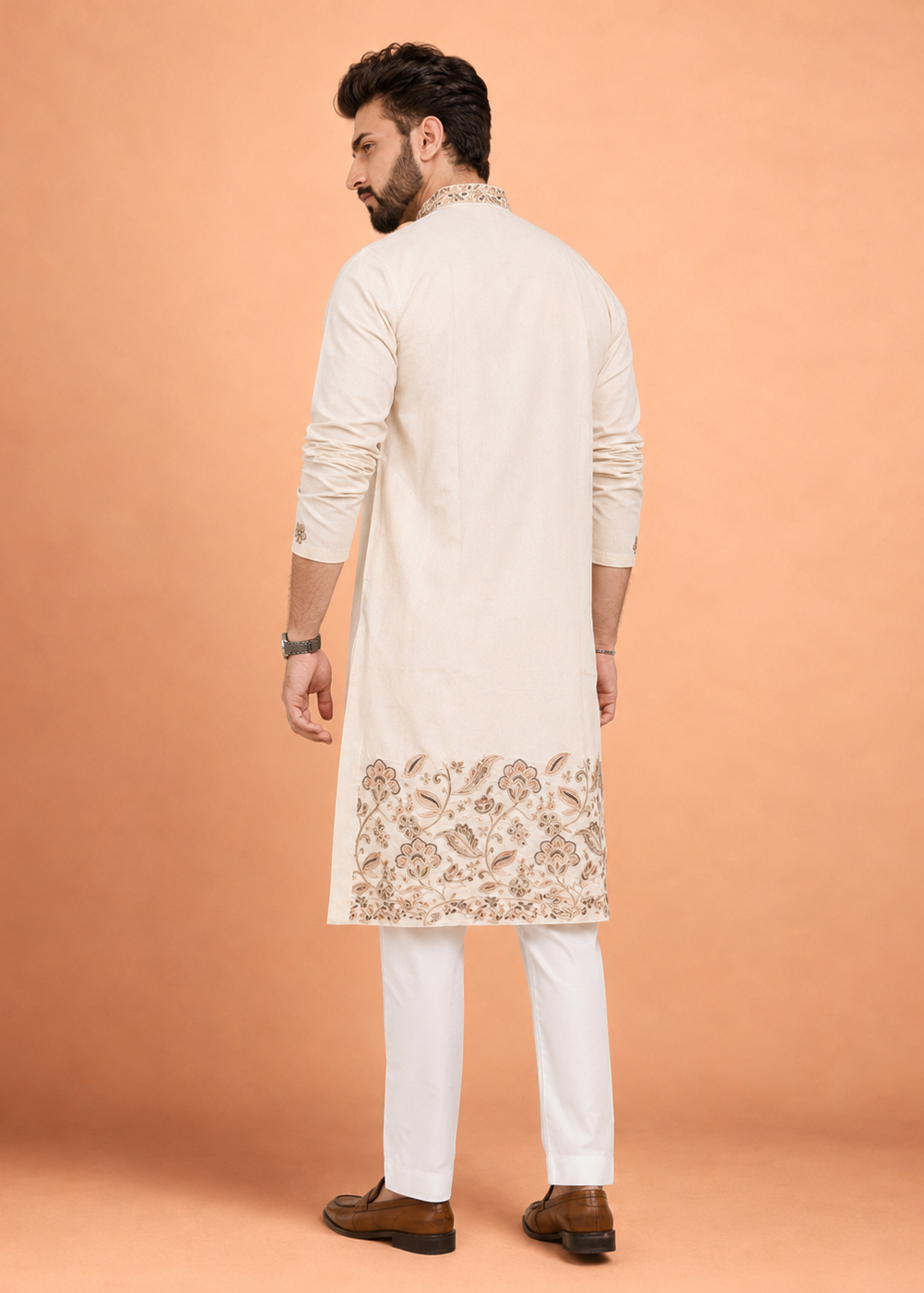 Men Cream Floral Embroidered Kurta Trouser Set