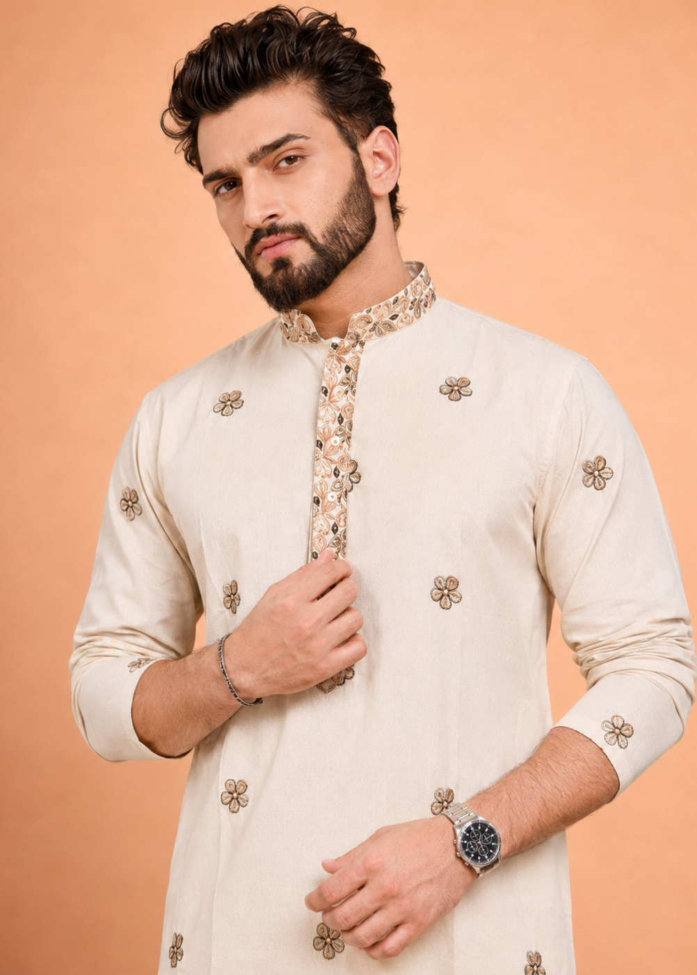 Men Cream Floral Embroidered Kurta Trouser Set