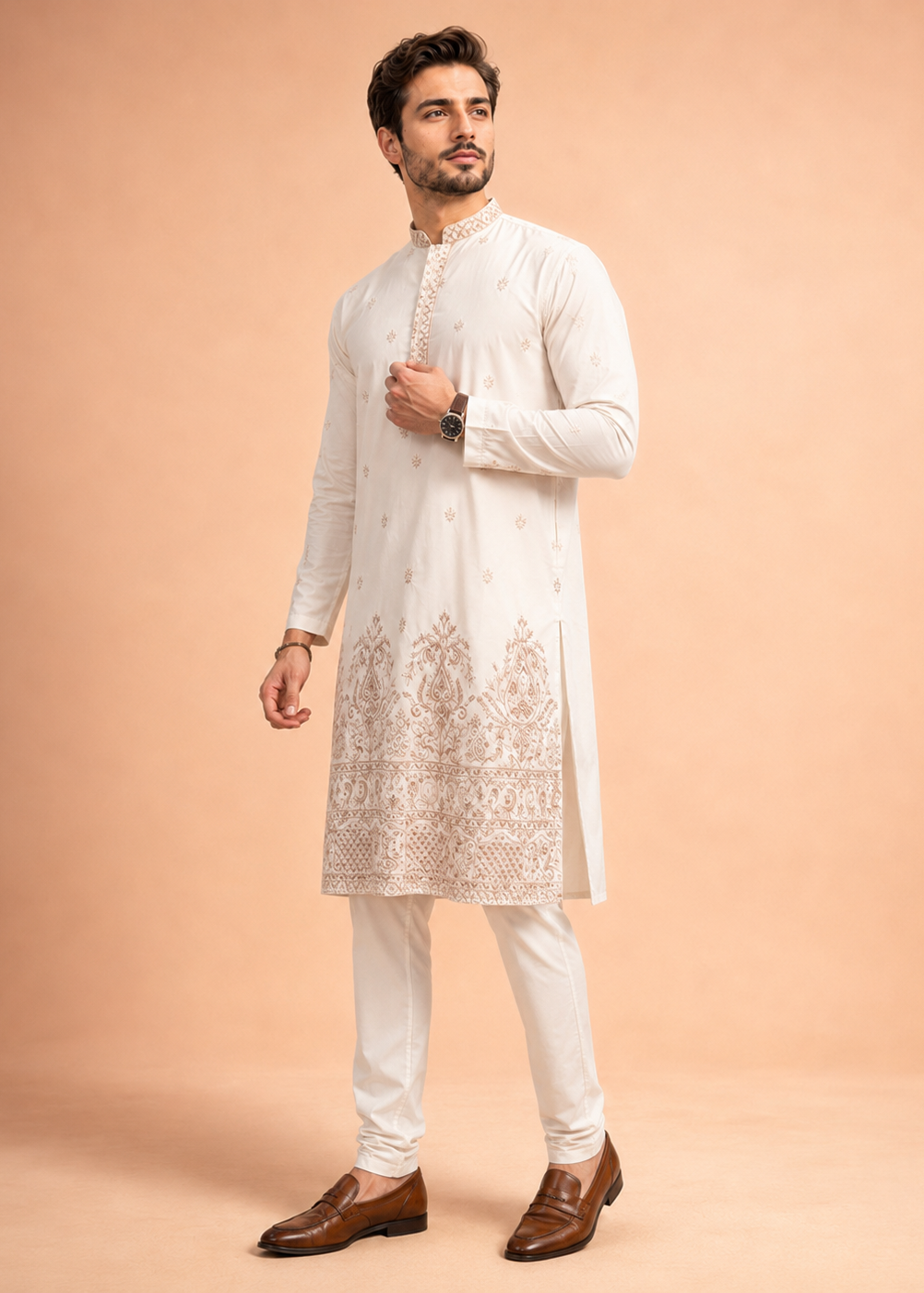 Men Cream Paisley Kurta Trouser Set