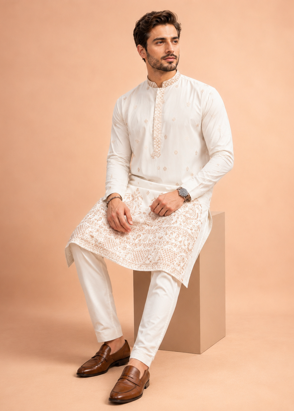 Men Cream Paisley Kurta Trouser Set