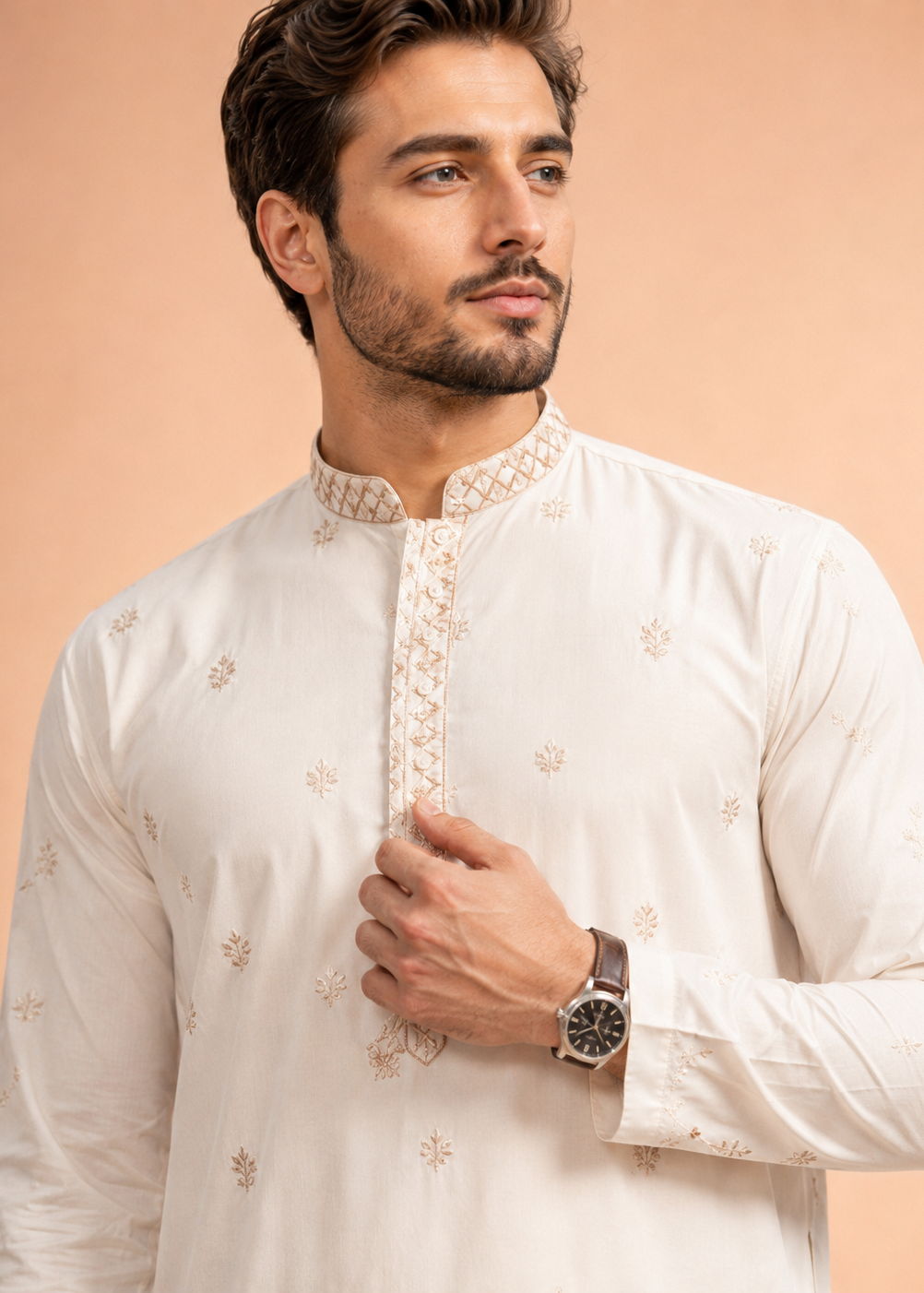 Men Cream Paisley Kurta Trouser Set