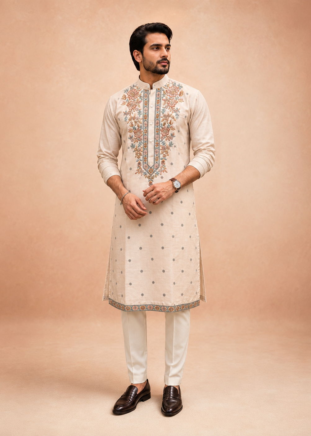 Men Pastel Embellished Kurta Trouser Set