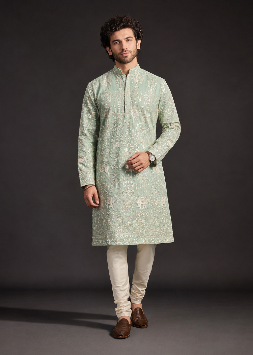 Men Mint Embroidered Kurta Trouser Set