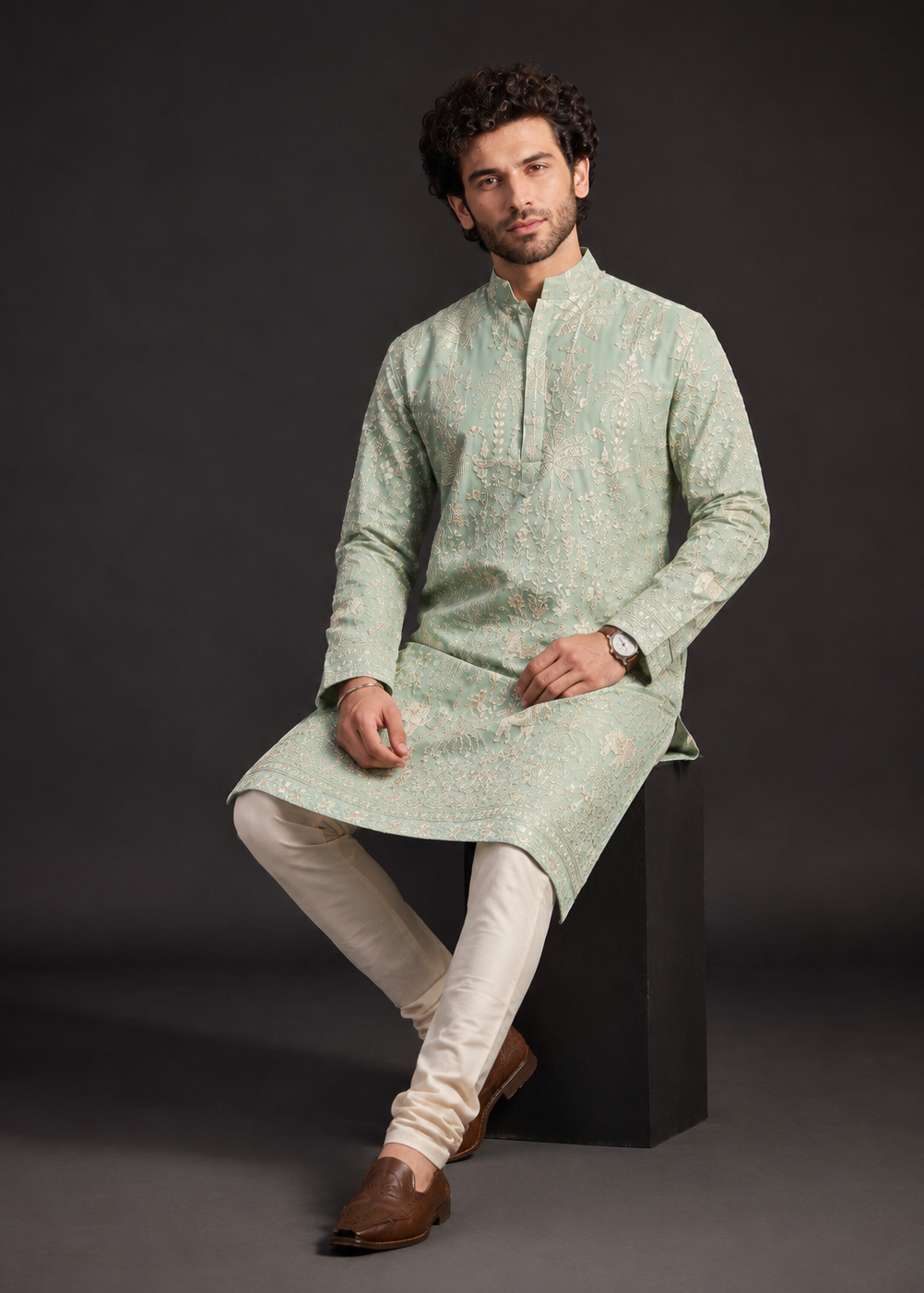 Men Mint Embroidered Kurta Trouser Set