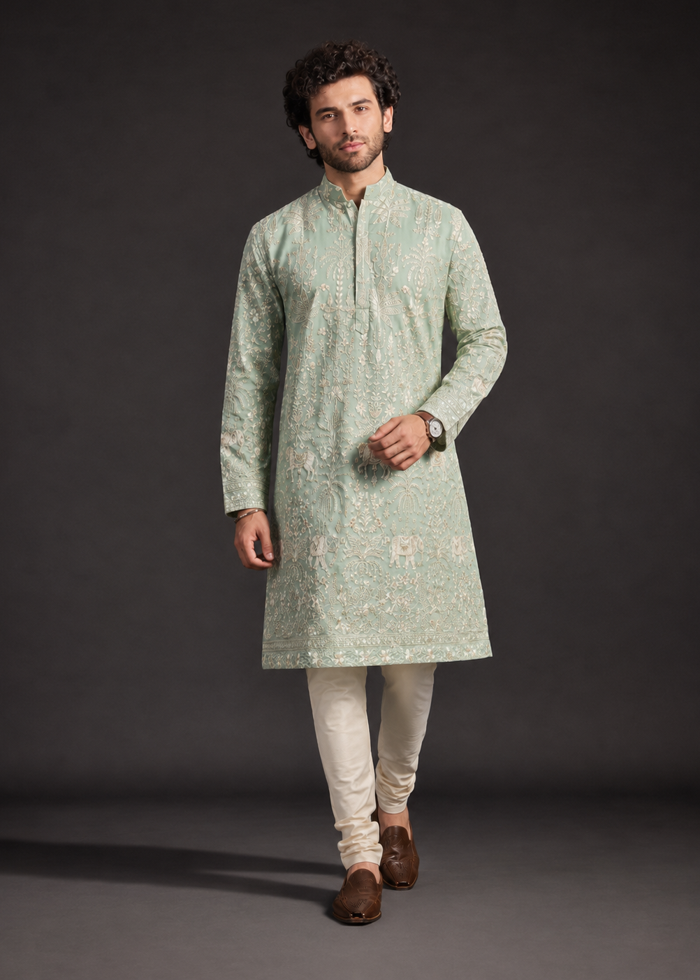 Men Mint Embroidered Kurta Trouser Set