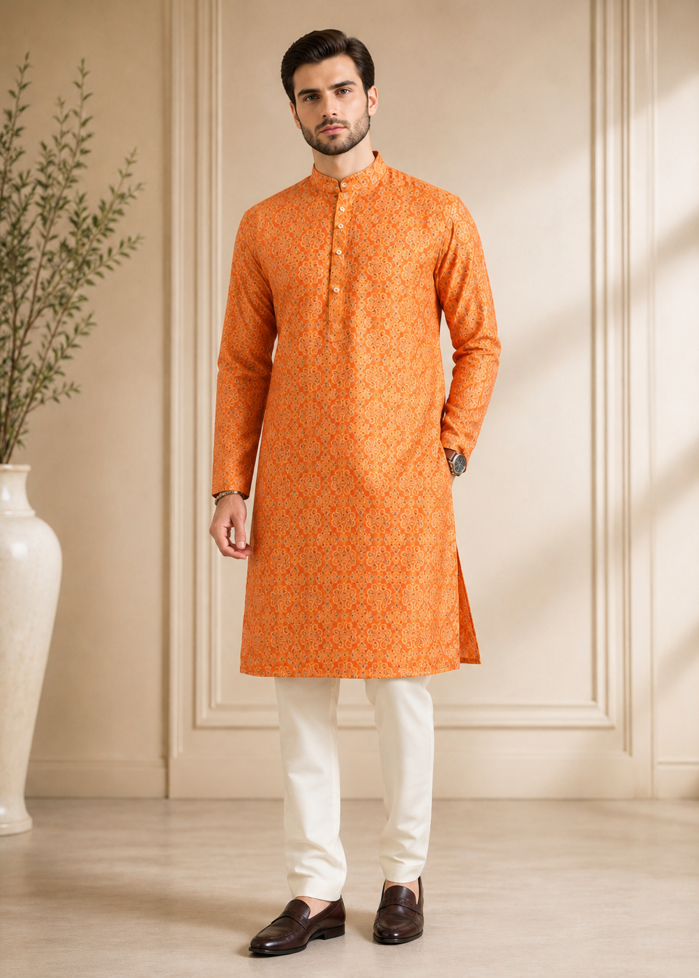 Men Orange Printed Kurta Trouser  Set