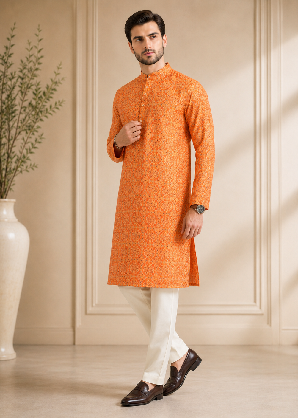 Men Orange Printed Kurta Trouser  Set