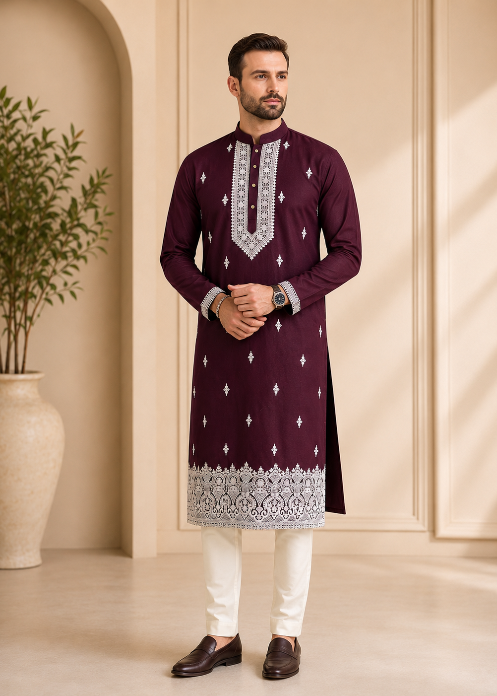 Men Maroon Embroidered Kurta Trouser Set