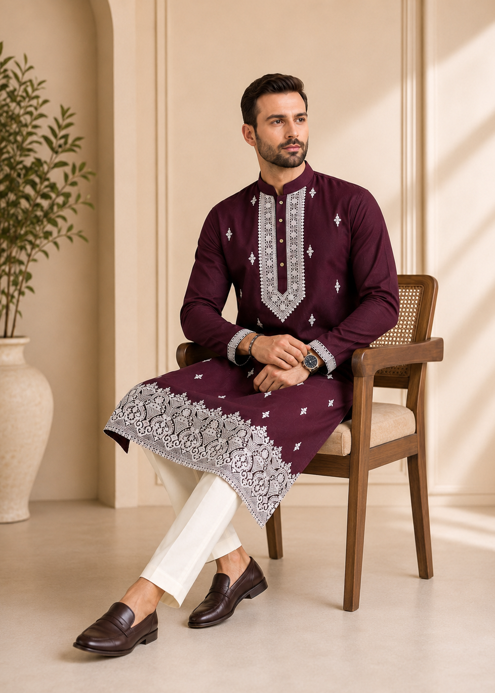 Men Maroon Embroidered Kurta Trouser Set