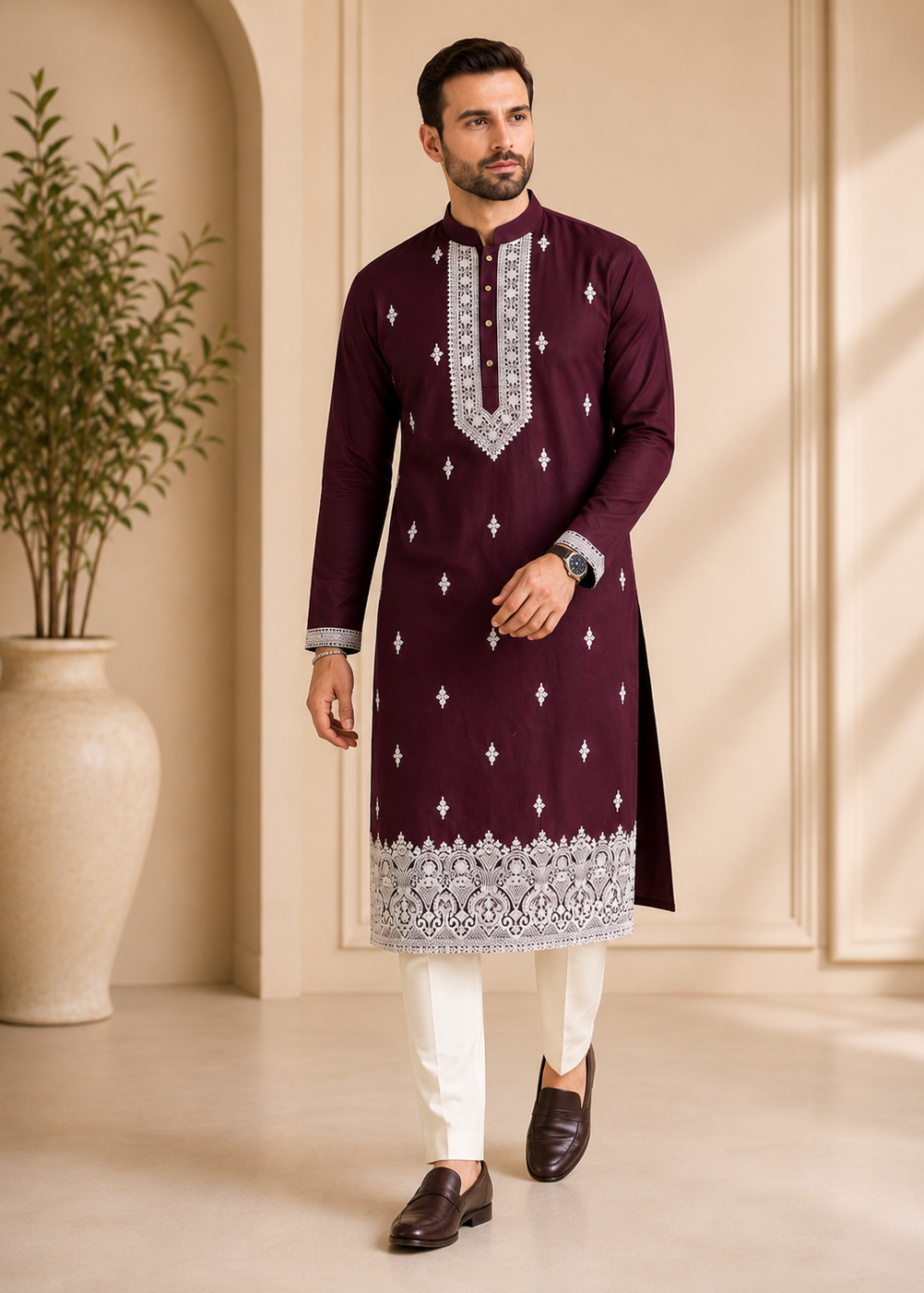 Men Maroon Embroidered Kurta Trouser Set