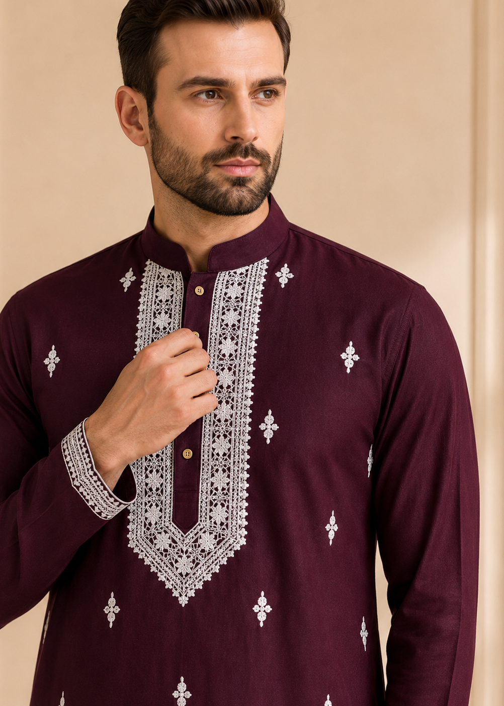 Men Maroon Embroidered Kurta Trouser Set