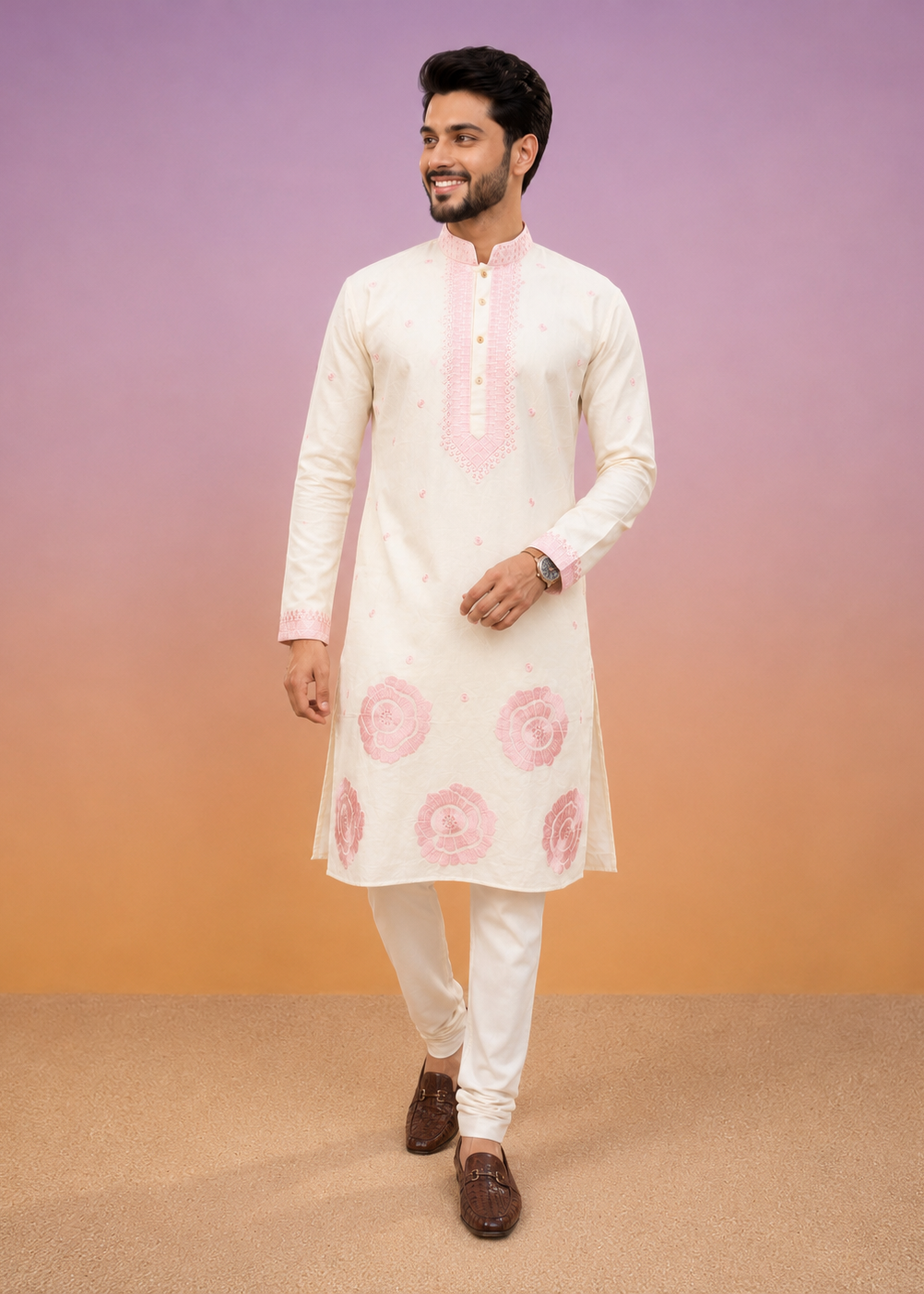 Men Rose Embroidered Kurta Trouser Set
