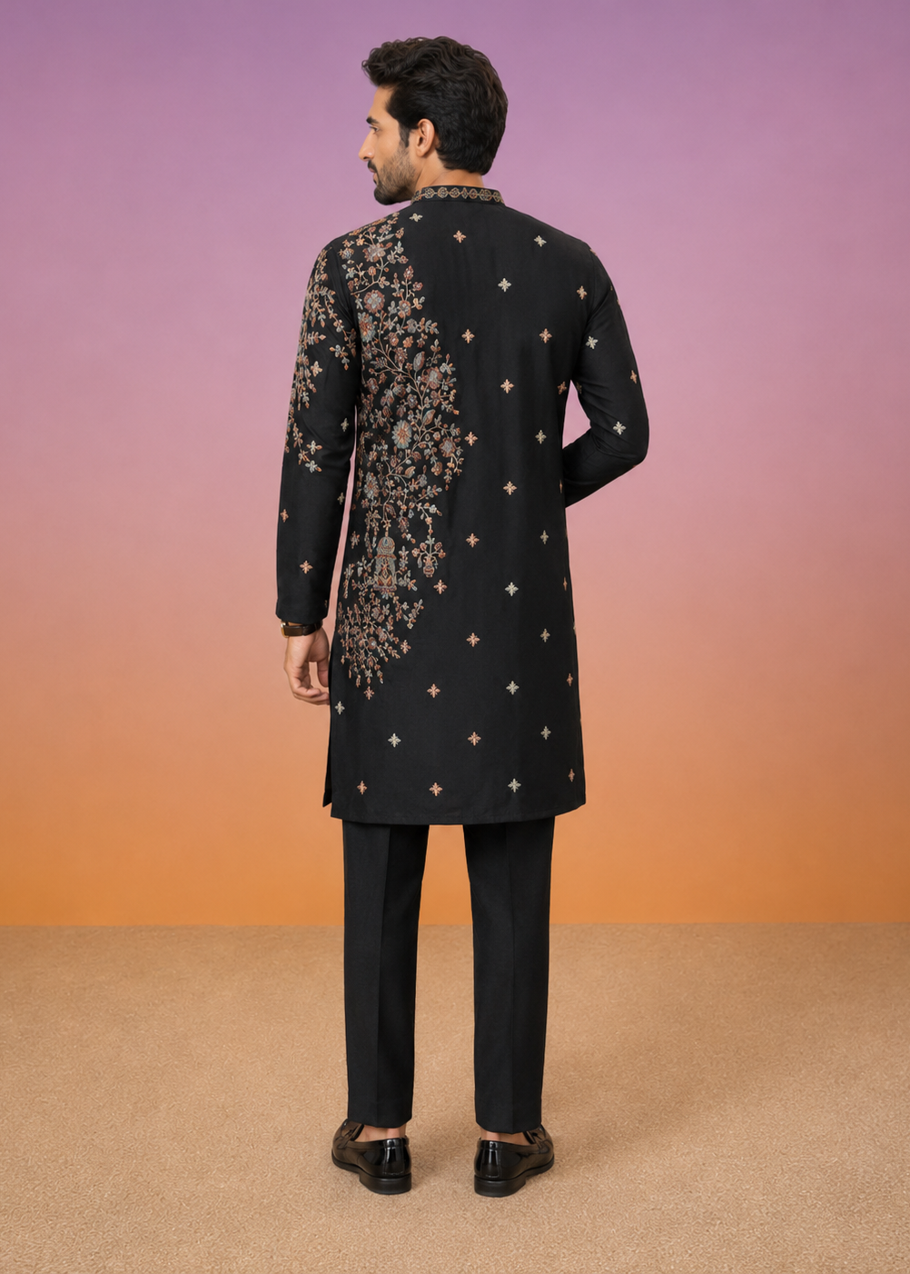 Black Embroidered Kurta with Cream Trouser Set