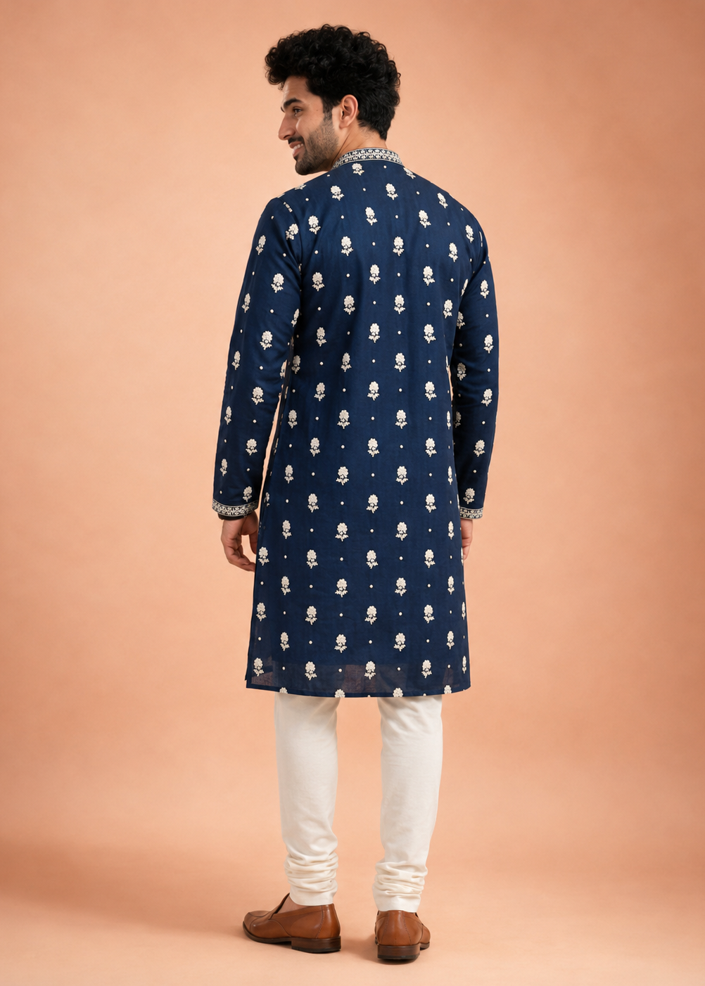 Men Navy Blue Embroidered Kurta Trouser Set