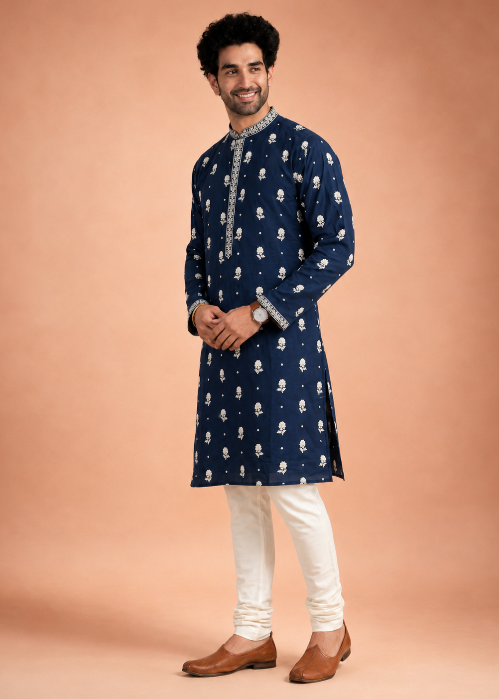 Men Navy Blue Embroidered Kurta Trouser Set