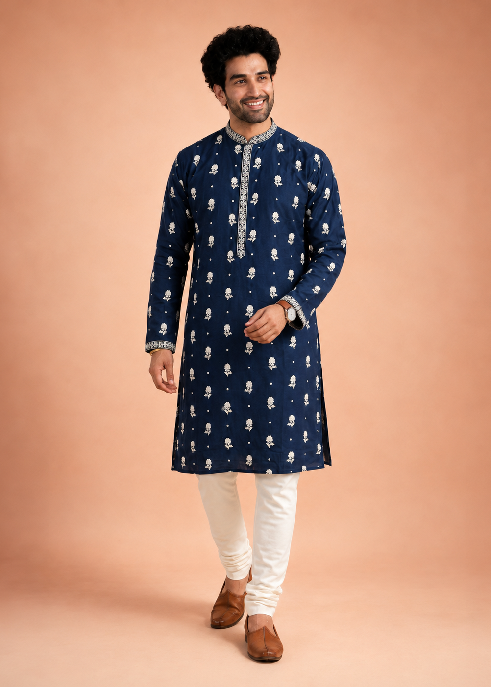 Men Navy Blue Embroidered Kurta Trouser Set