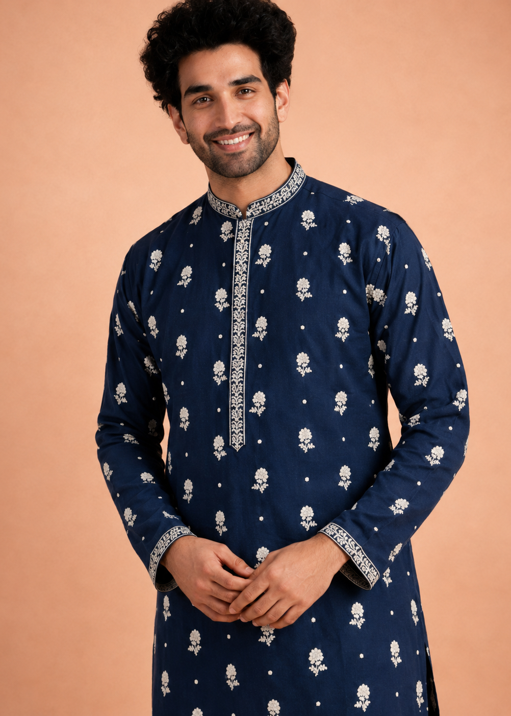 Men Navy Blue Embroidered Kurta Trouser Set
