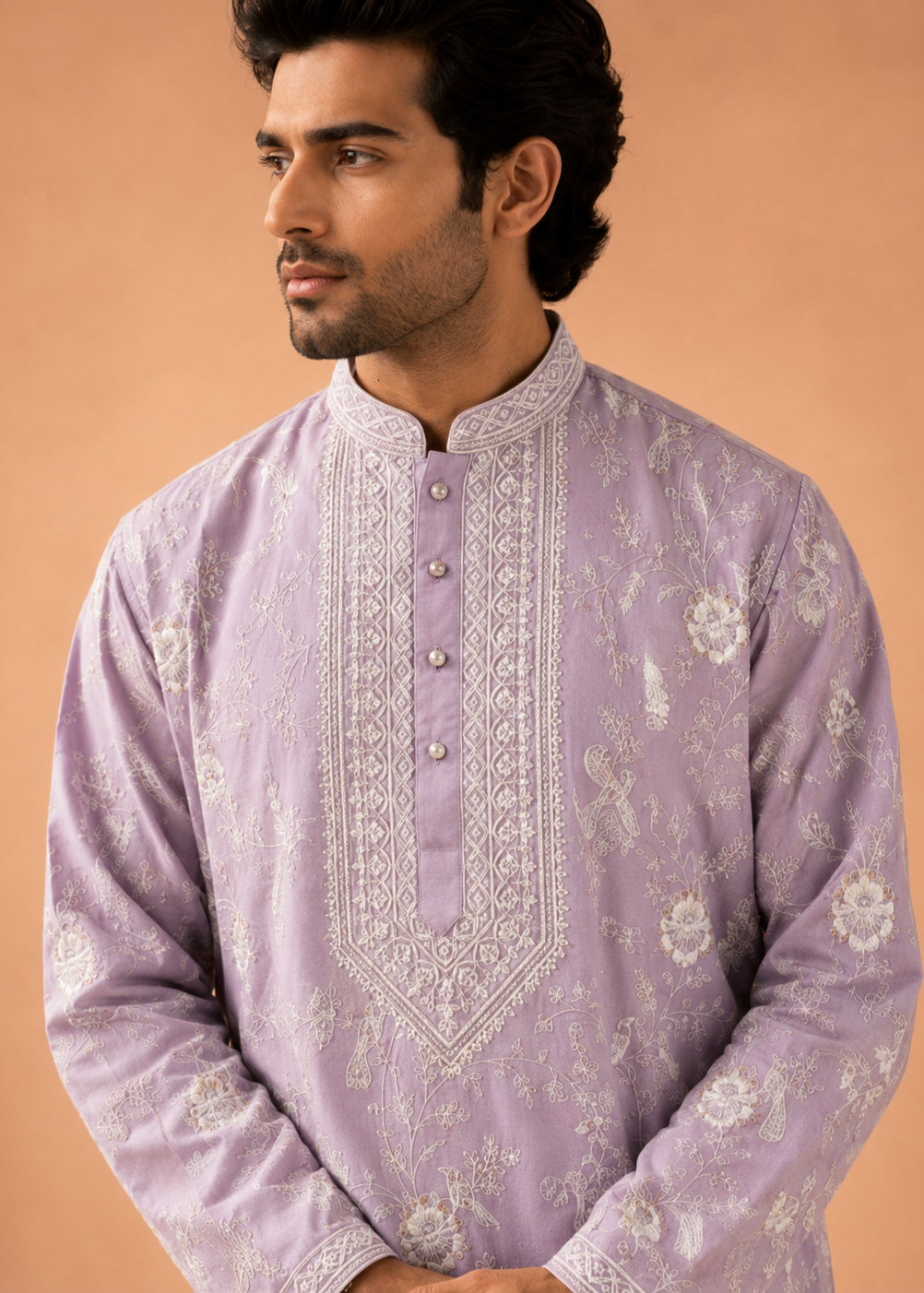 Lilac White Embroidered Kurta Trouser  Set