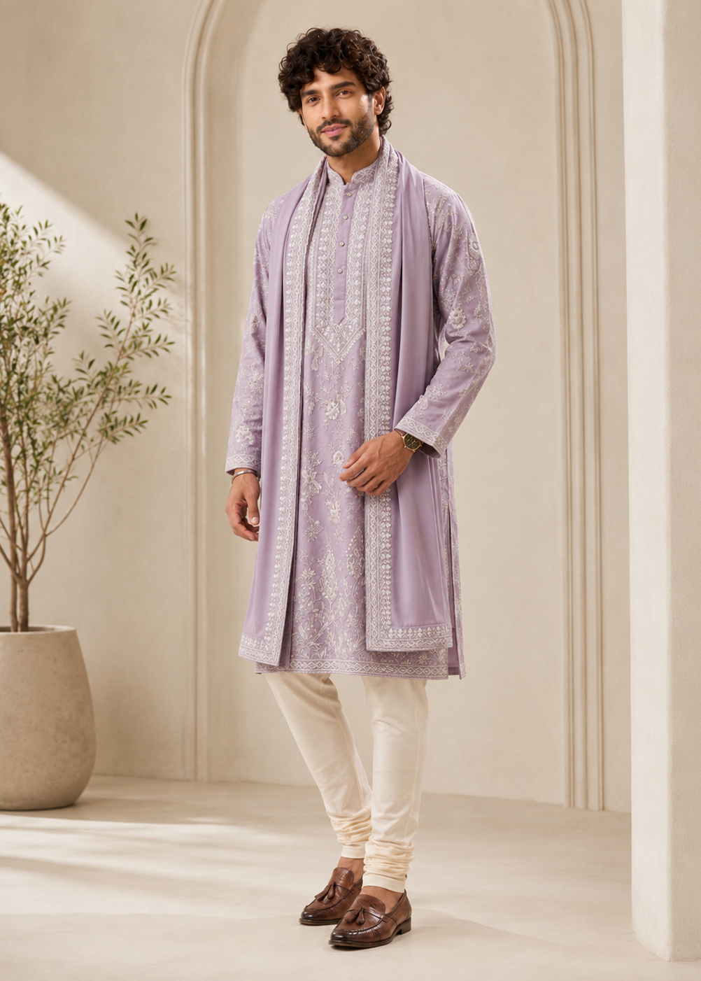 Men Lilac Kurta Trouser with  Dupatta Set