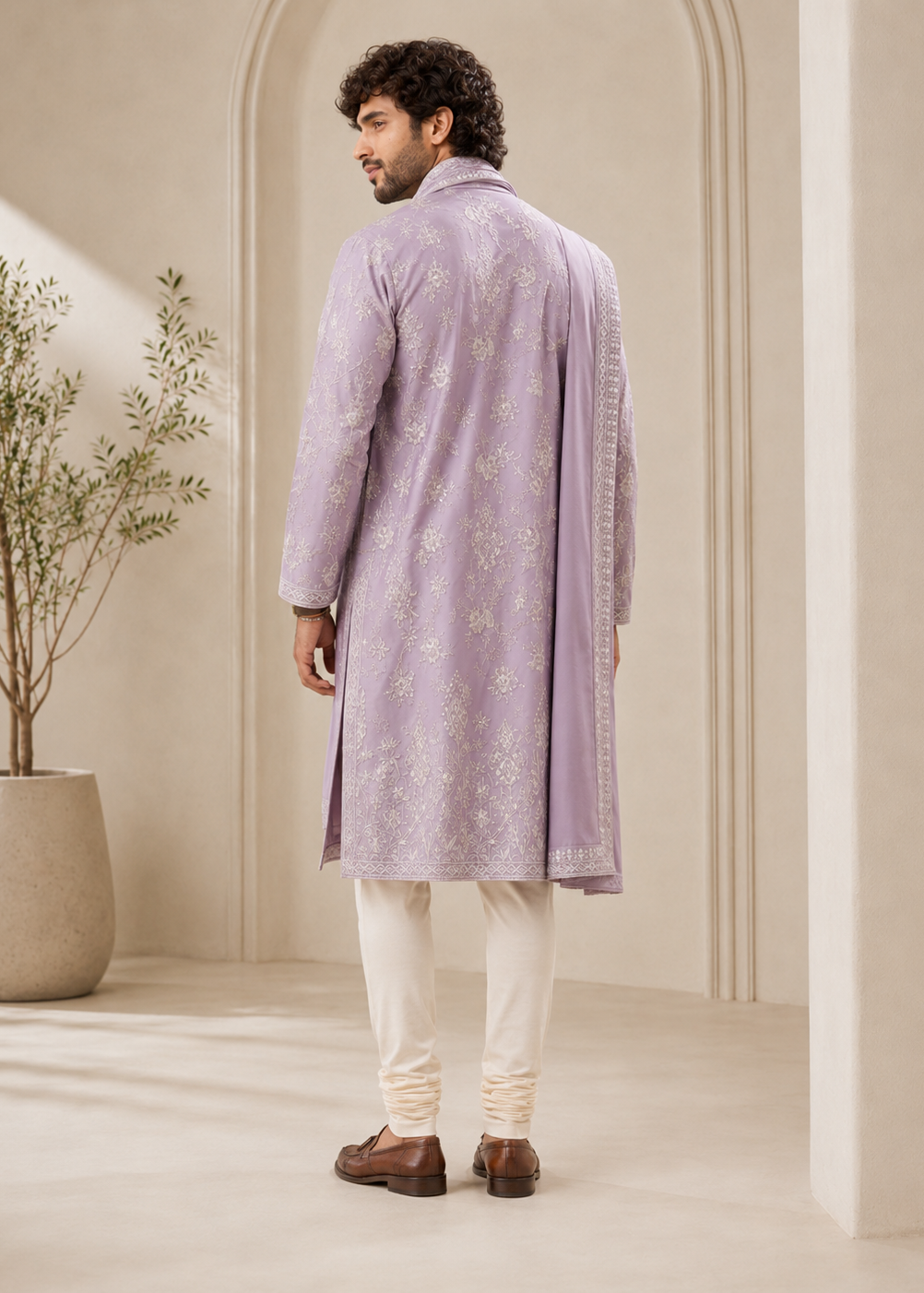 Men Lilac Kurta Trouser with  Dupatta Set