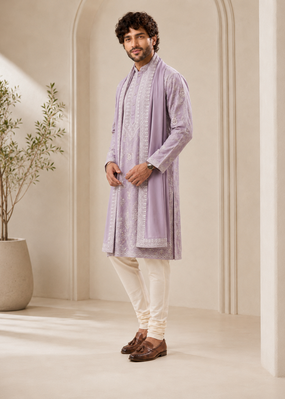 Men Lilac Kurta Trouser with  Dupatta Set