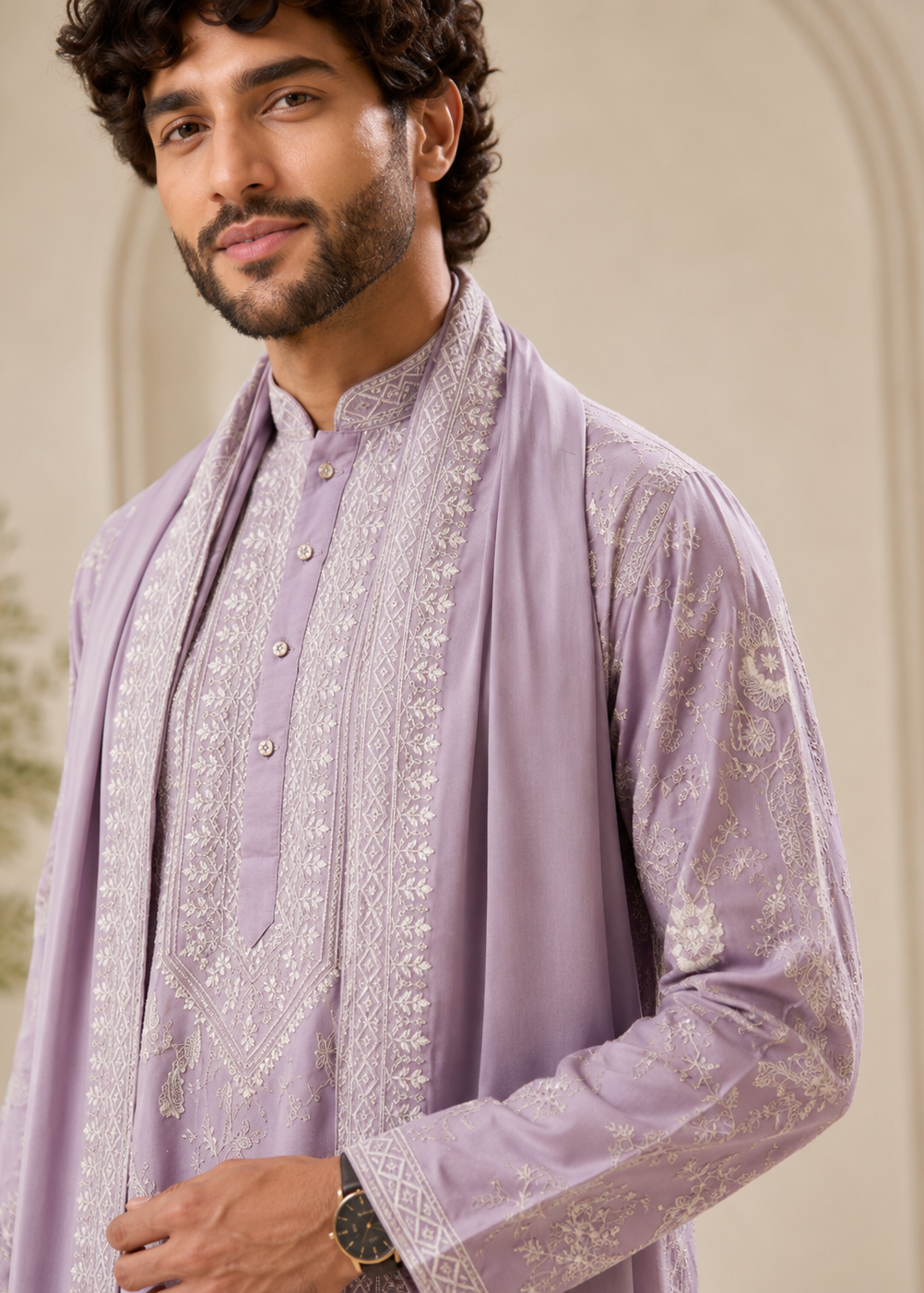 Men Lilac Kurta Trouser with  Dupatta Set