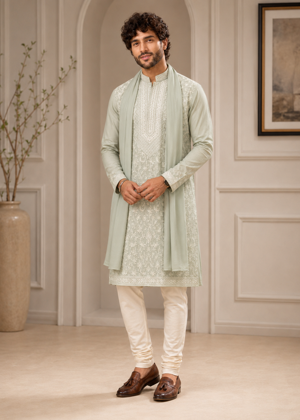 Sage Green Threadwork Kurta Trouser with Dupatta Set