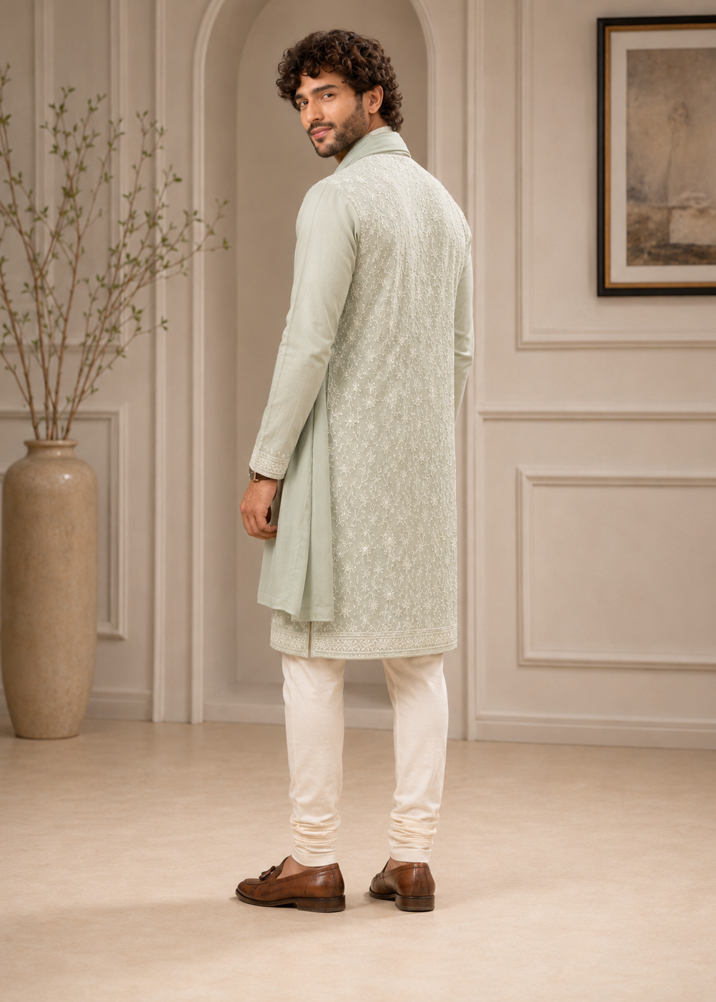 Sage Green Threadwork Kurta Trouser with Dupatta Set