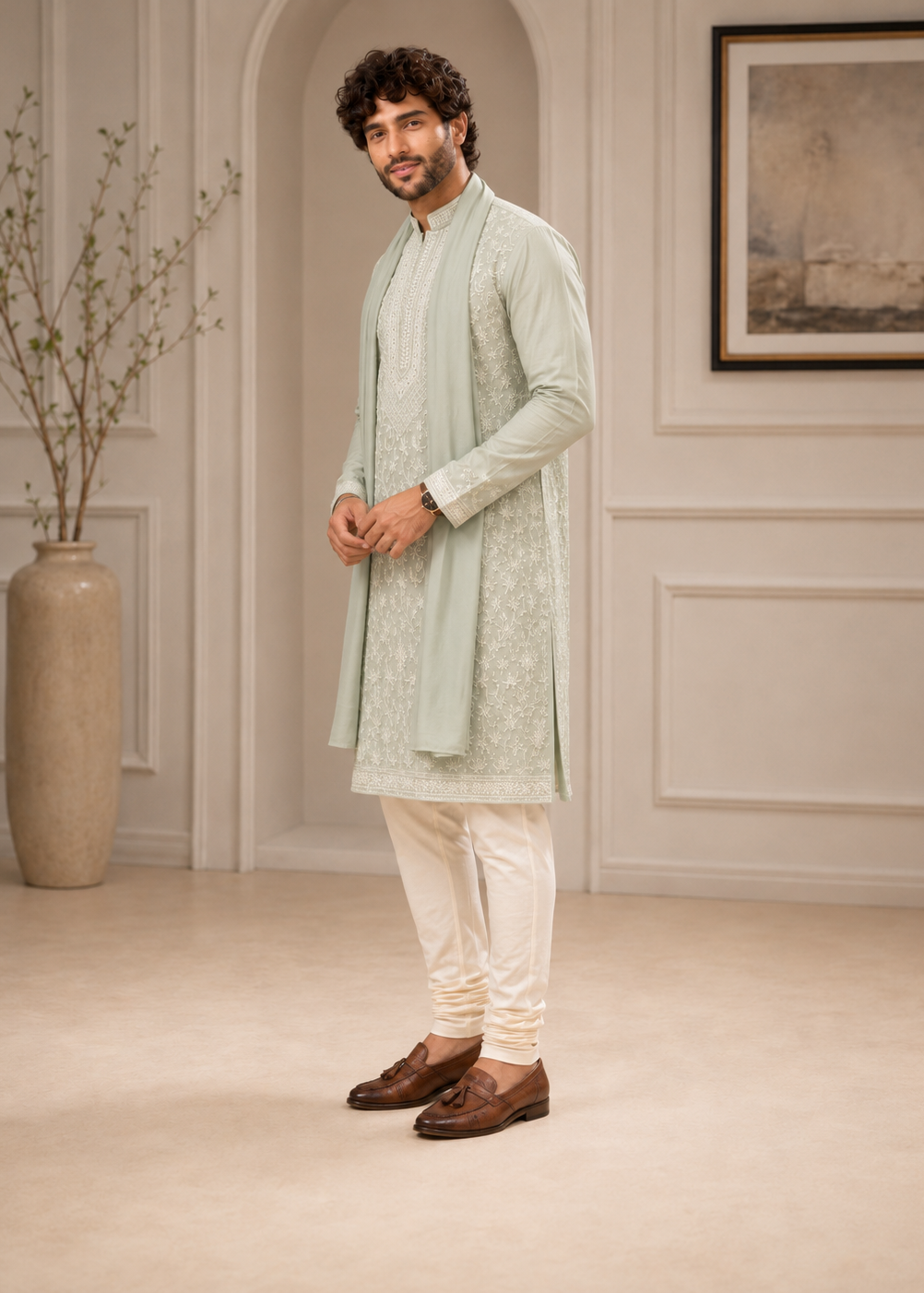 Sage Green Threadwork Kurta Trouser with Dupatta Set