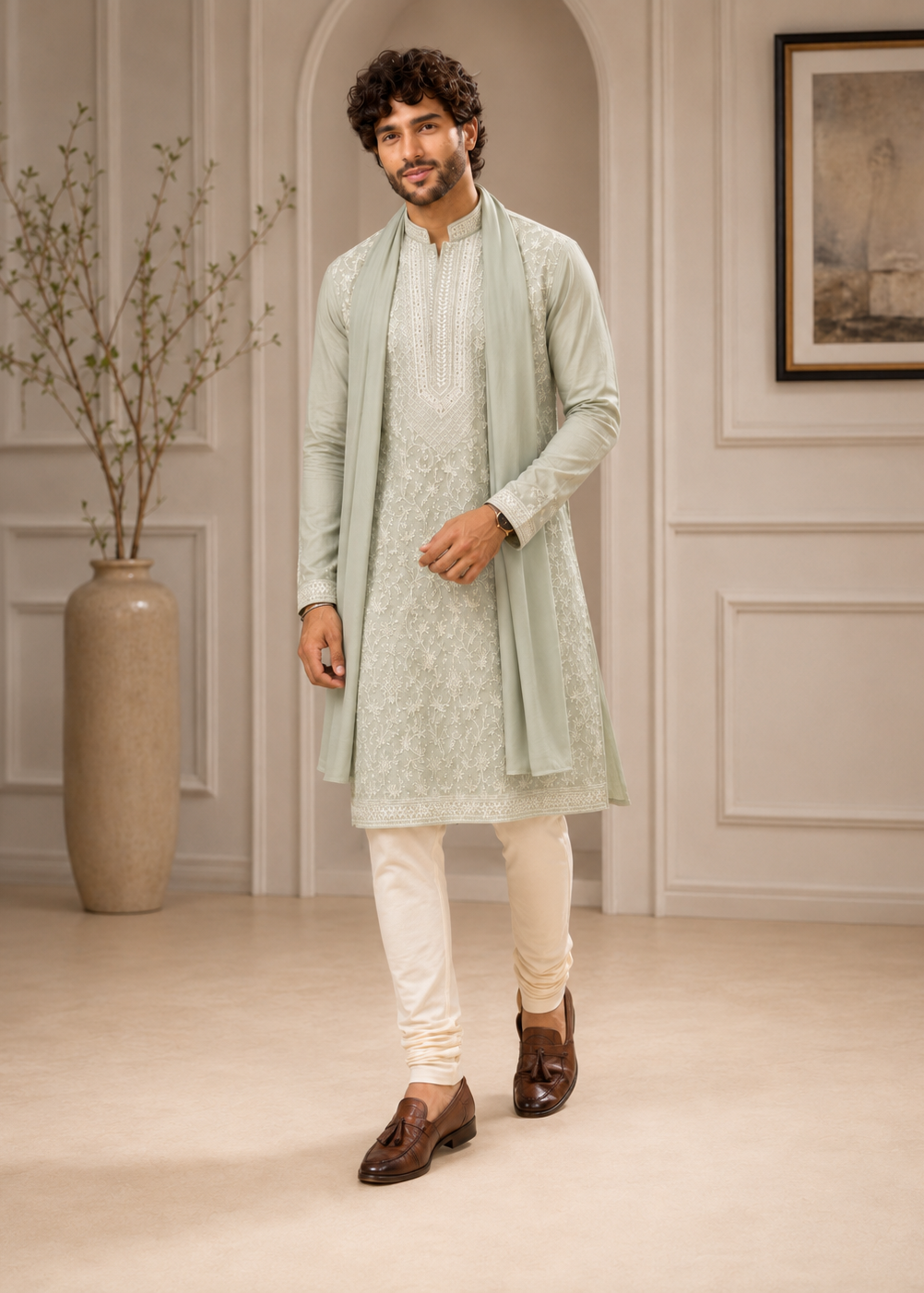 Sage Green Threadwork Kurta Trouser with Dupatta Set