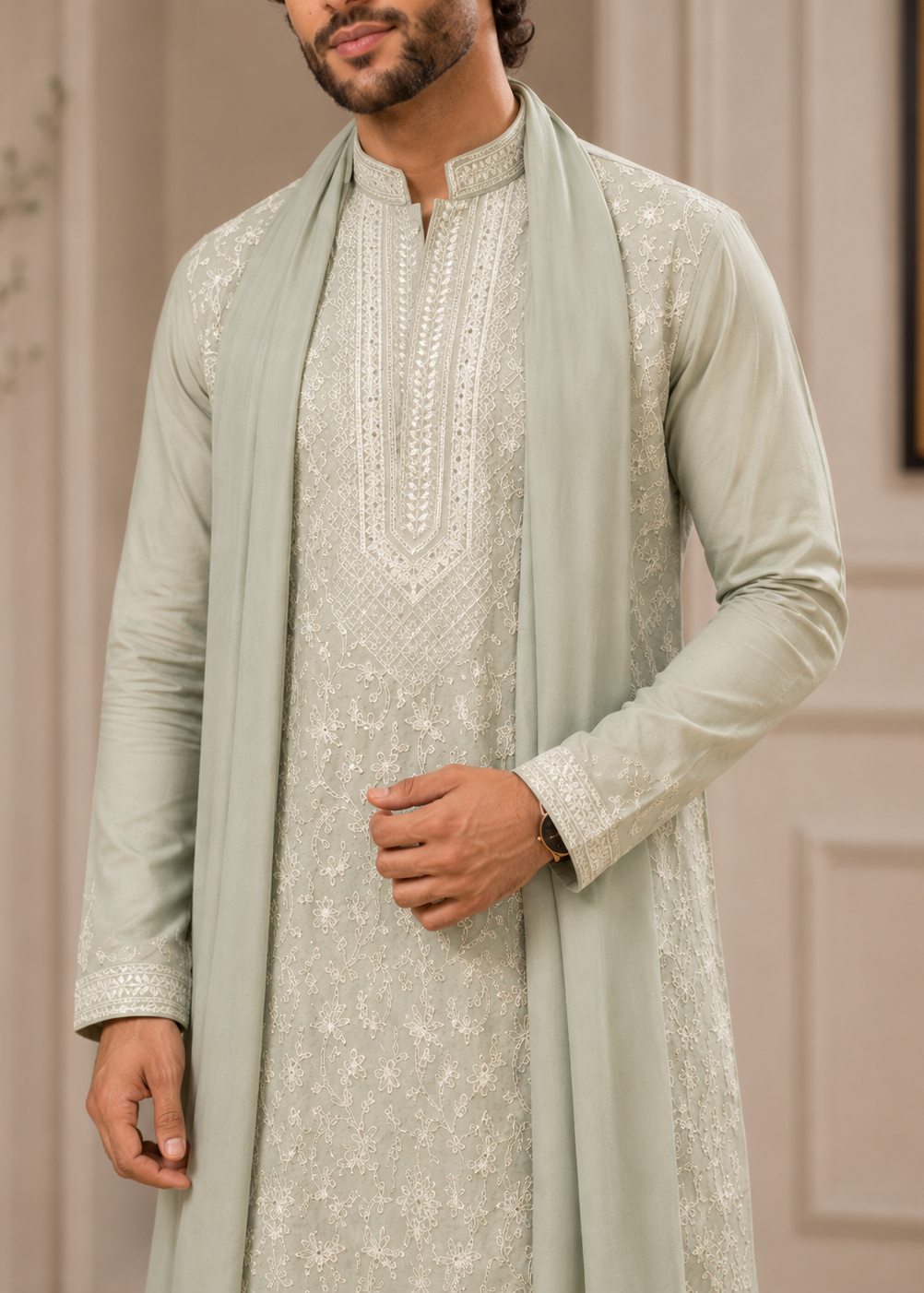 Sage Green Threadwork Kurta Trouser with Dupatta Set