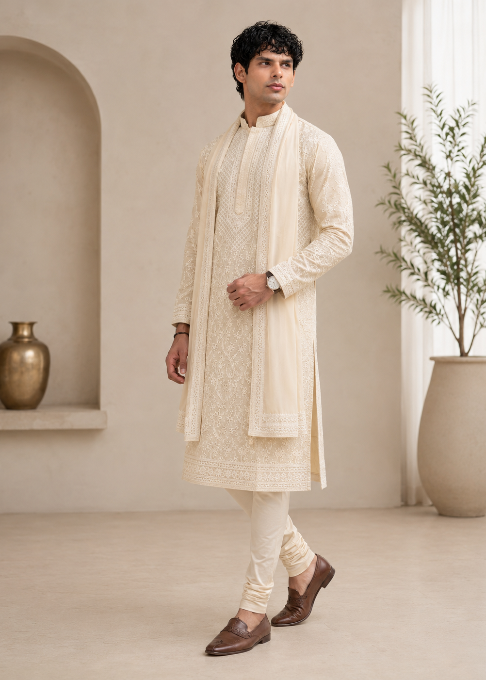 Off White Chikankari Embroidered Kurta Trouser with Dupatta  Set