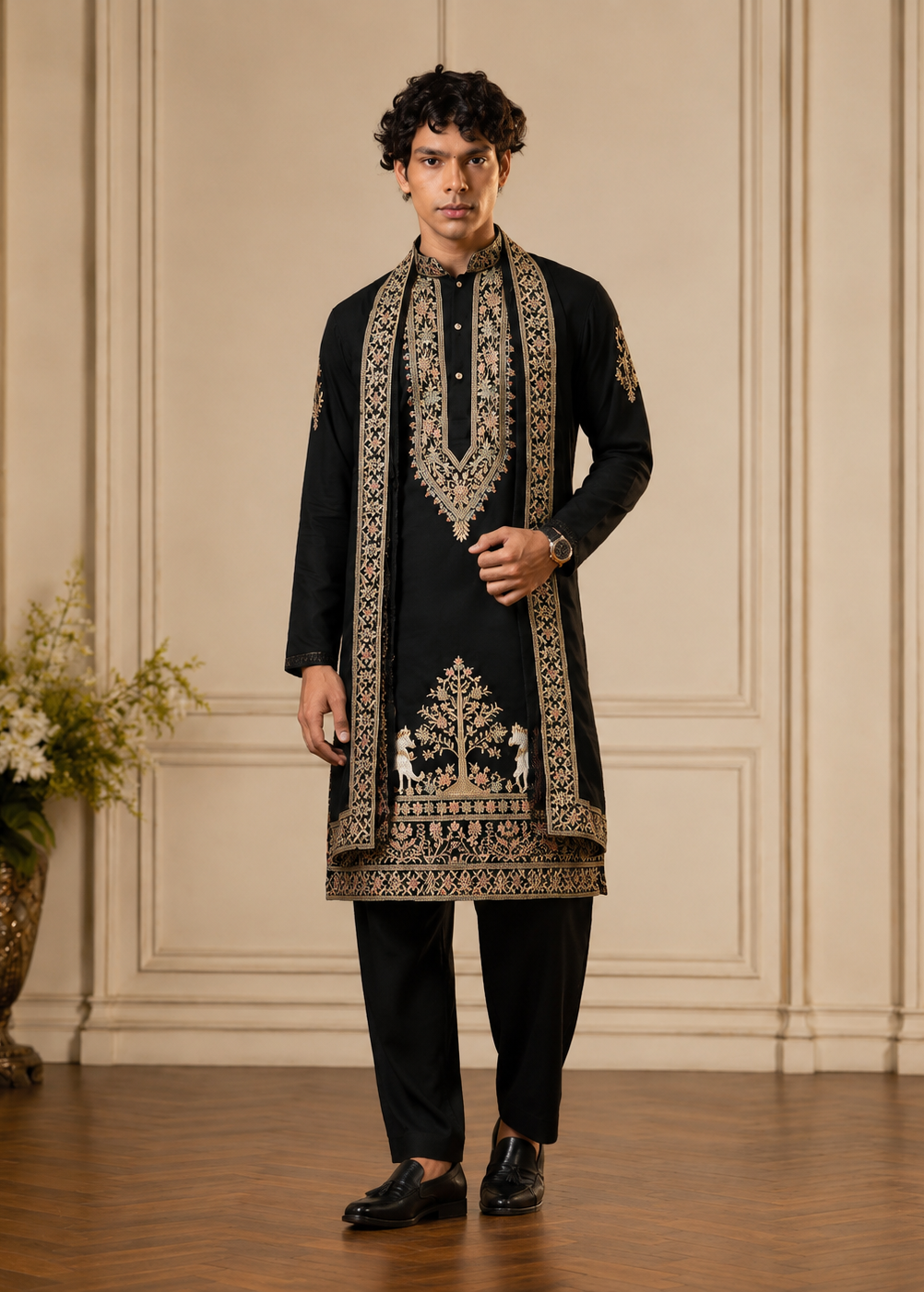 Men Black Cotton Embroidered Kurta Trouser with Dupatta Set