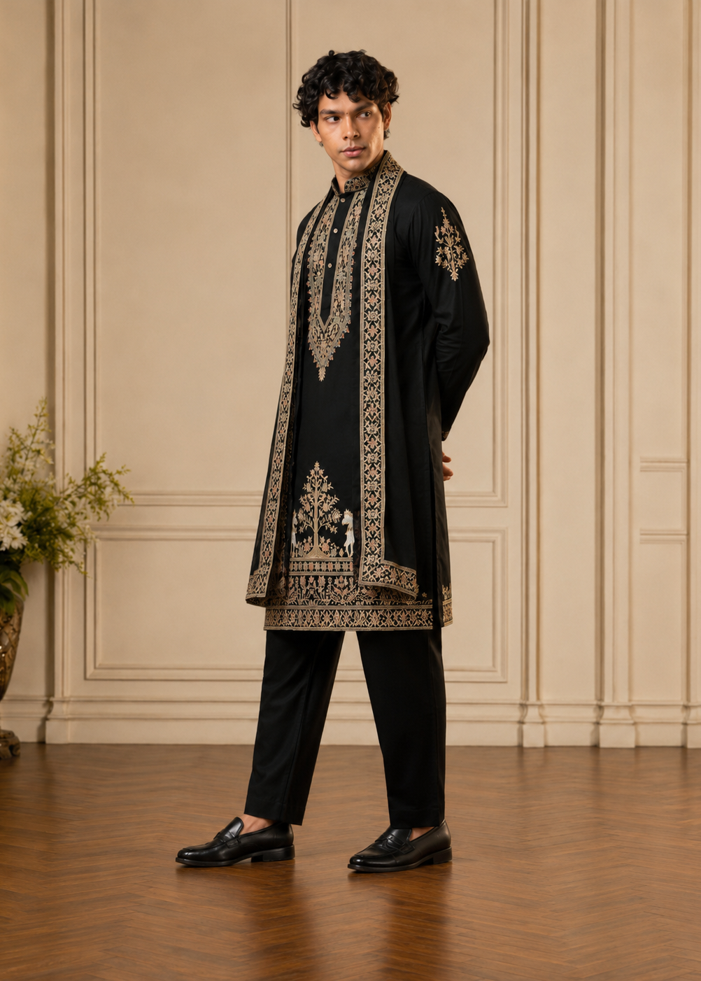 Men Black Cotton Embroidered Kurta Trouser with Dupatta Set