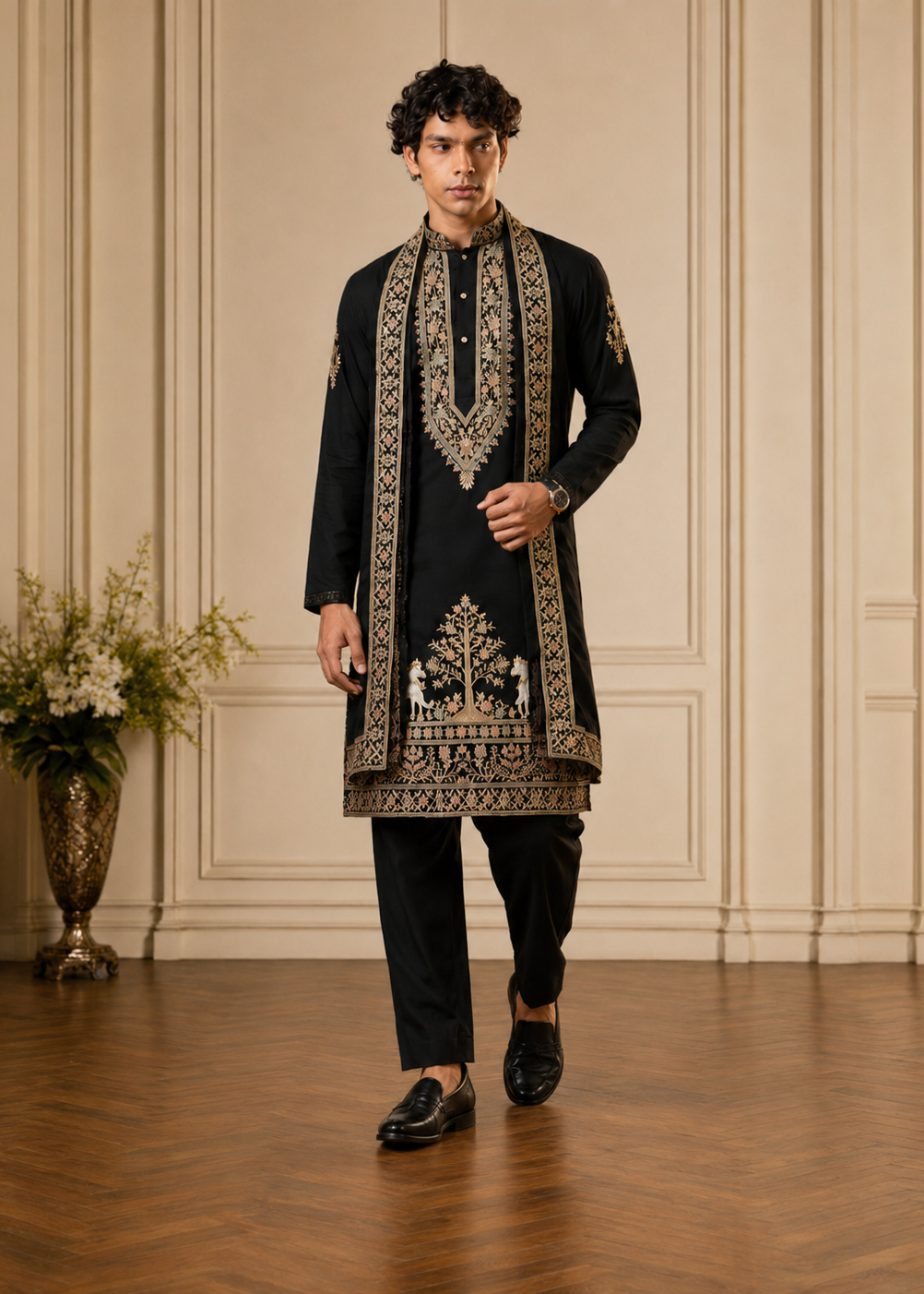 Men Black Cotton Embroidered Kurta Trouser with Dupatta Set