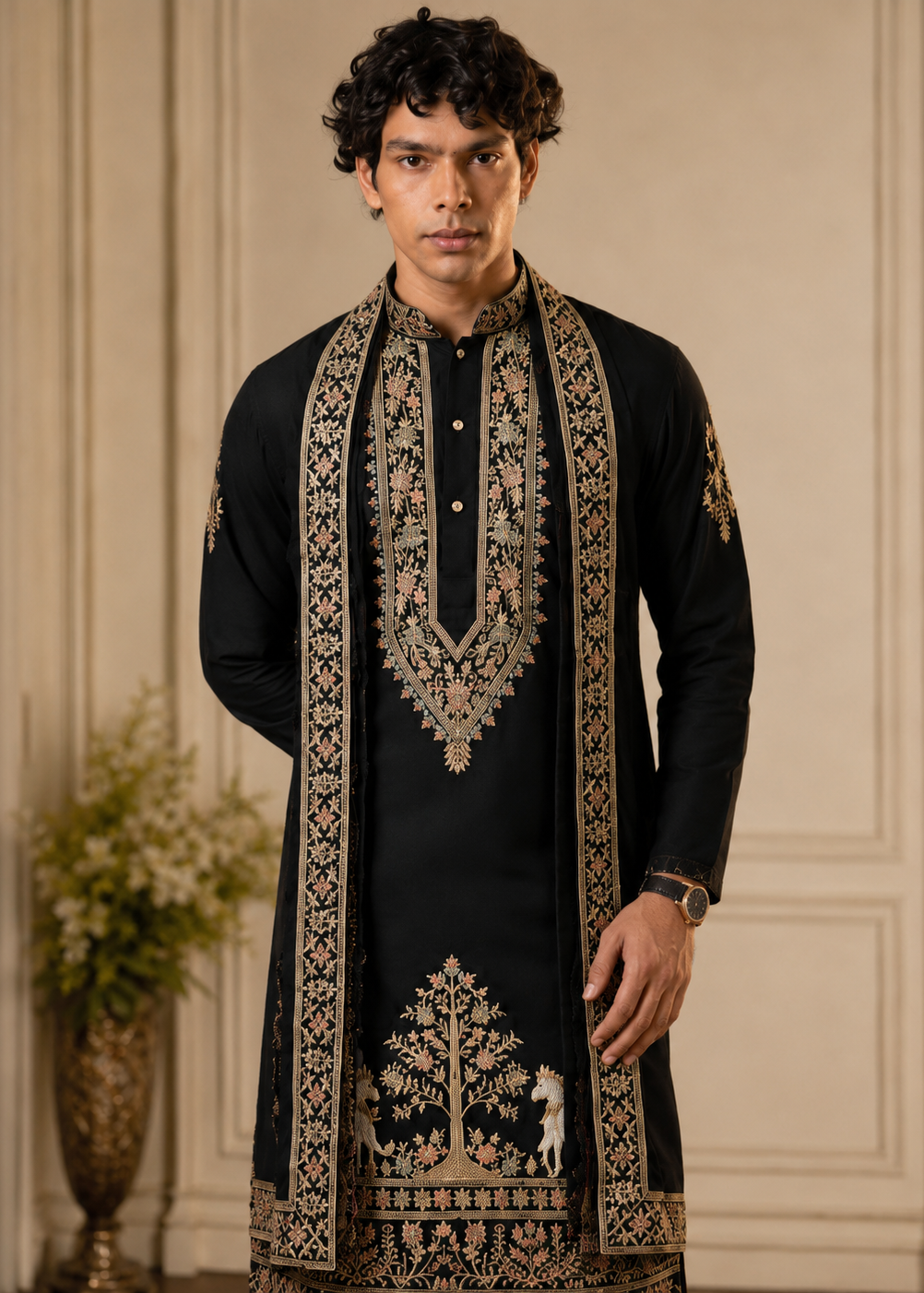 Men Black Cotton Embroidered Kurta Trouser with Dupatta Set