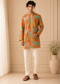 Men Orange Multicolor Floral Kurta Trouser Set