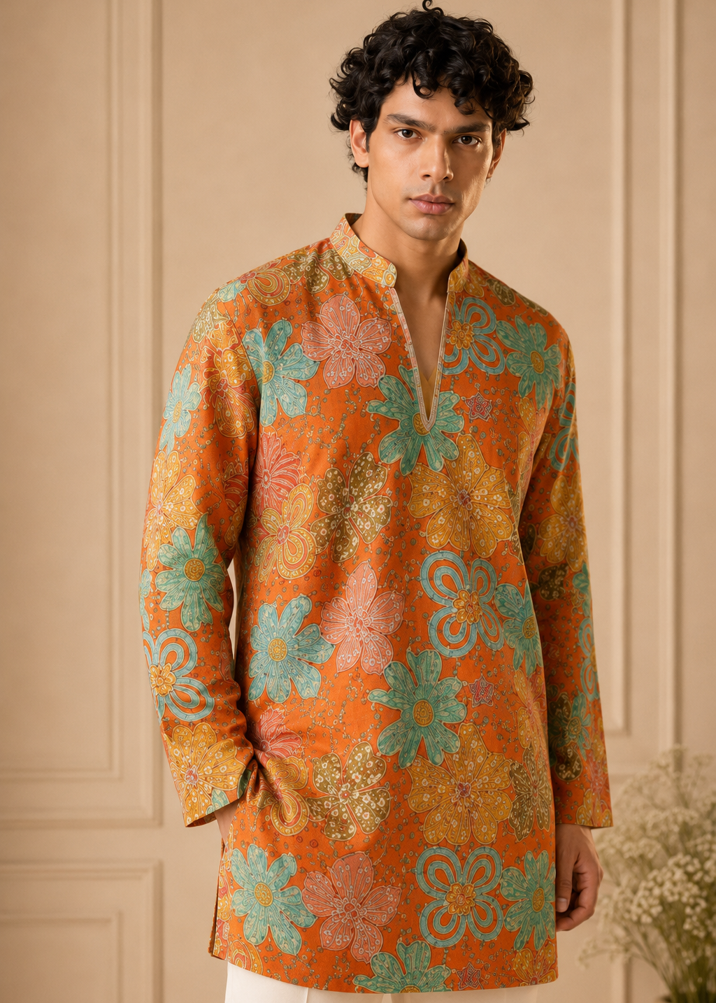 Men Orange Multicolor Floral Kurta Trouser Set