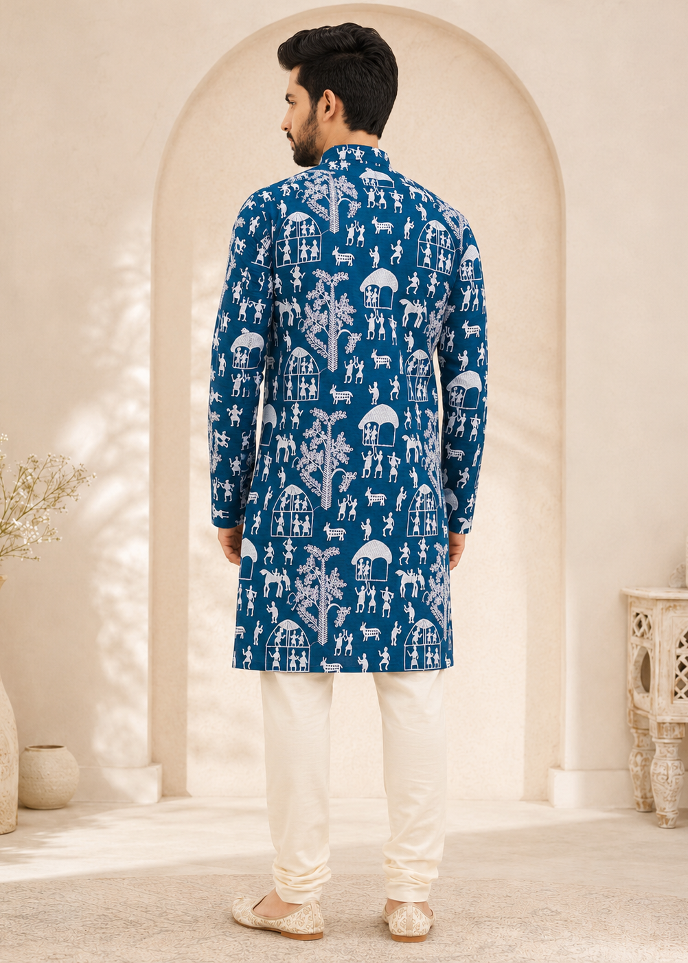 Men Blue Warli Print Men’s Kurta with White Pyjama