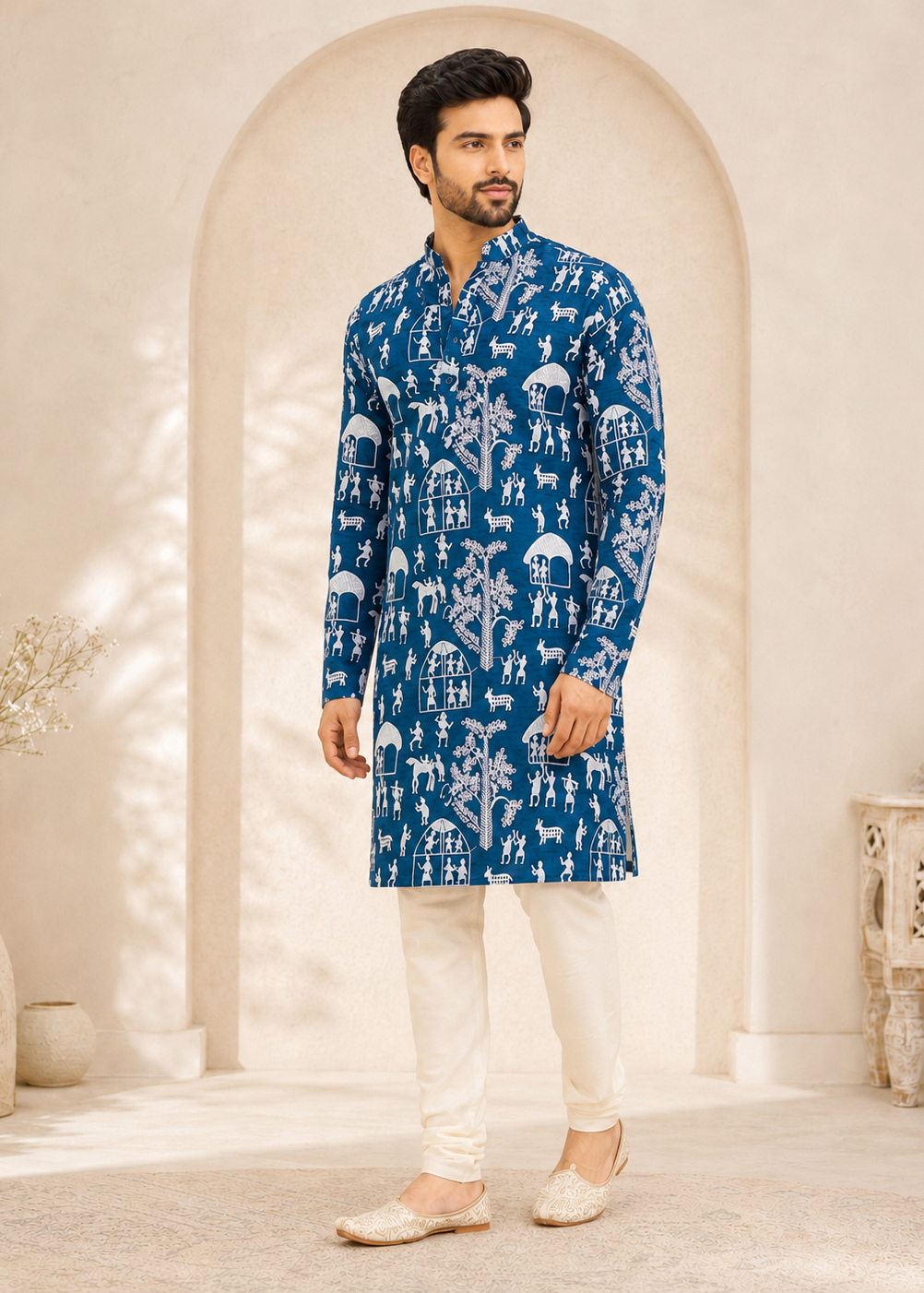 Men Blue Warli Print Men’s Kurta with White Pyjama