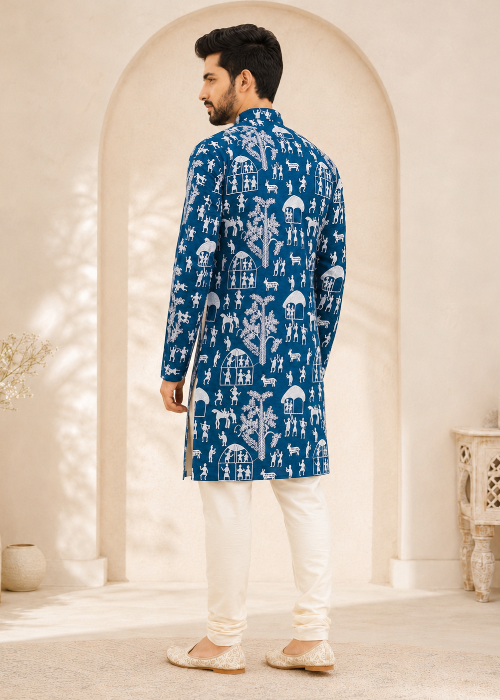 Men Blue Warli Print Men’s Kurta with White Pyjama