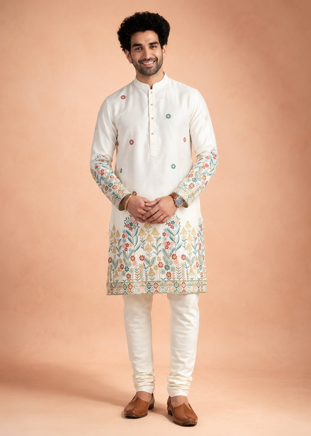Men Ivory Floral Embroidered Kurta with Cream Trouser