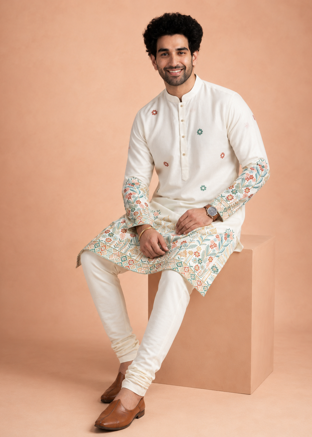 Men Ivory Floral Embroidered Kurta with Cream Trouser