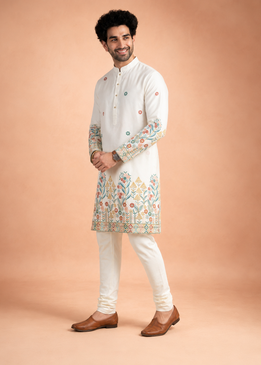 Men Ivory Floral Embroidered Kurta with Cream Trouser