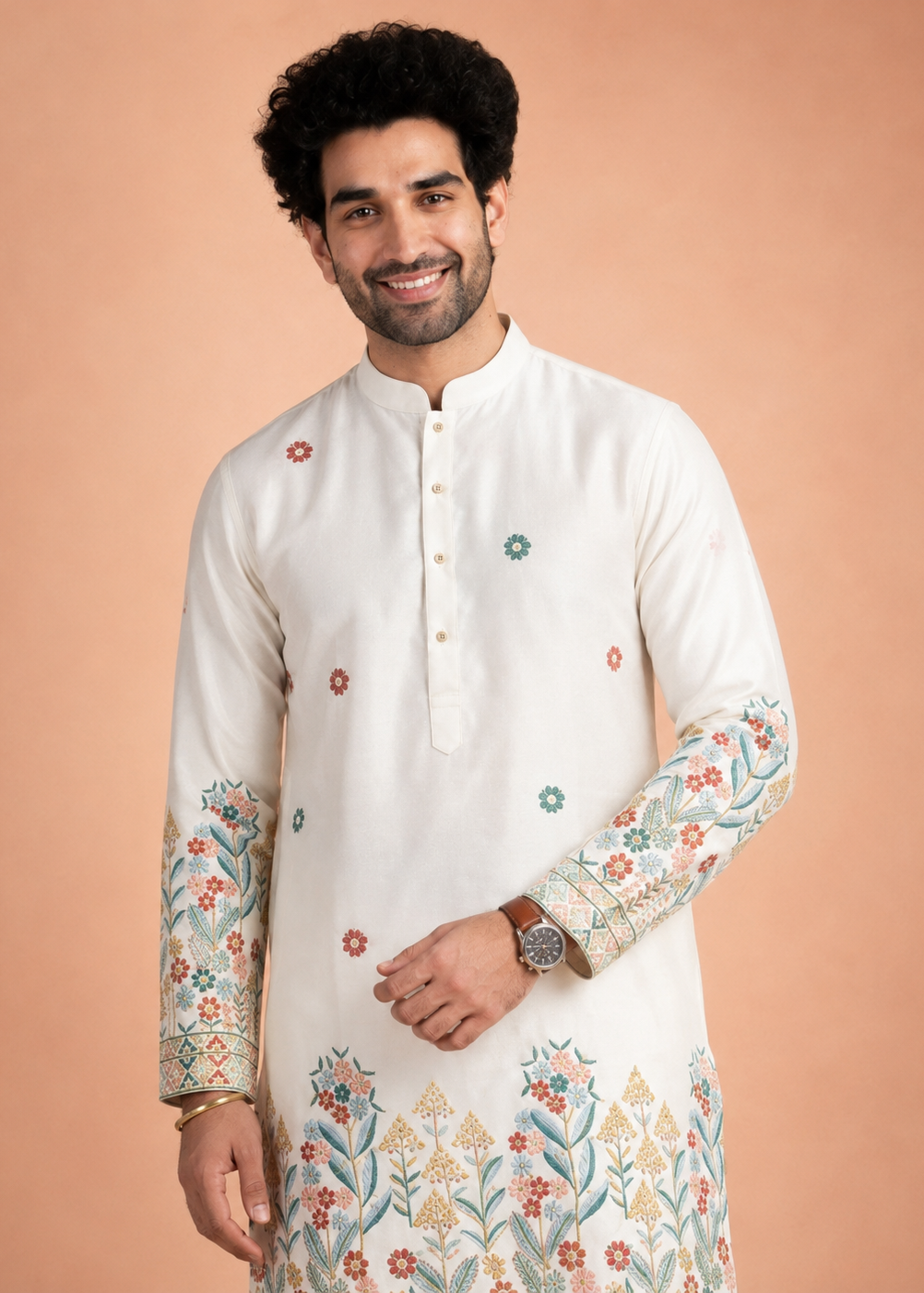 Men Ivory Floral Embroidered Kurta with Cream Trouser